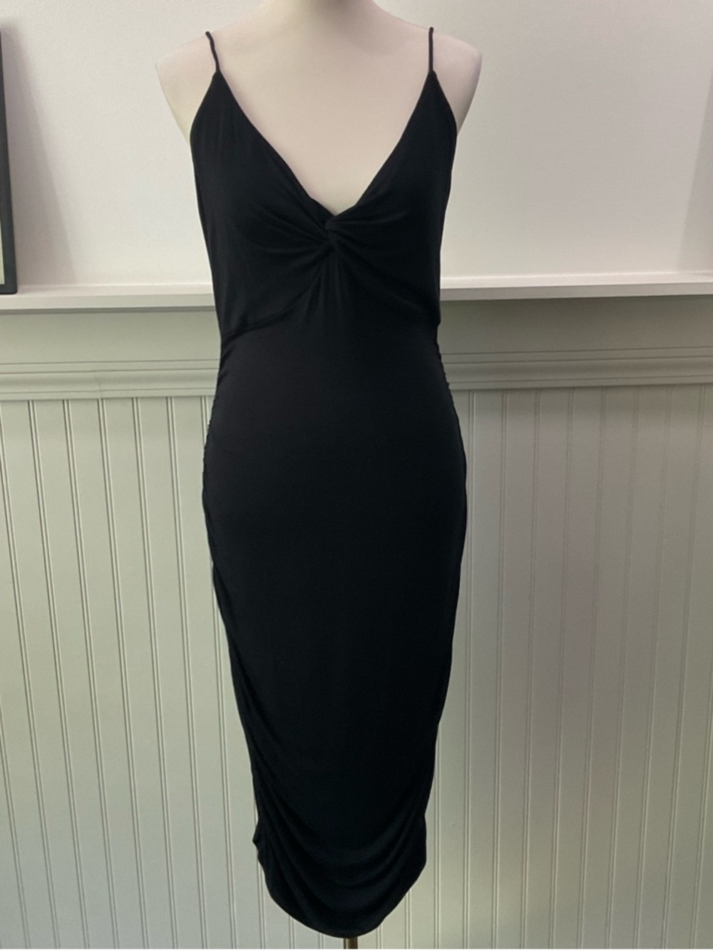 Forever That Girl Anthropologie Black Ruched Midi Dress M NWT Twist Front - Picture 2 of 3